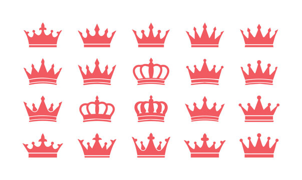 Elegant red crown vector icon set, 20 regal monarch symbols, royal authority and leadership graphics, luxury design elements for branding and celebration.