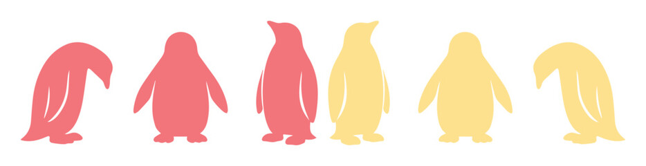 Minimalist penguin vector set, six cute stylized penguins in coral pink and golden yellow, simple animal silhouettes for children's designs, playful arctic bird illustrations © Shanza
