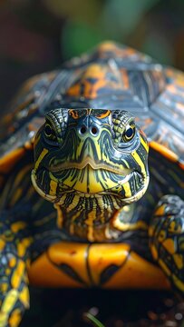 A close-up portrait of a turtle, its head and shell in focus, revealing vibrant colors and textured details, with piercing eyes