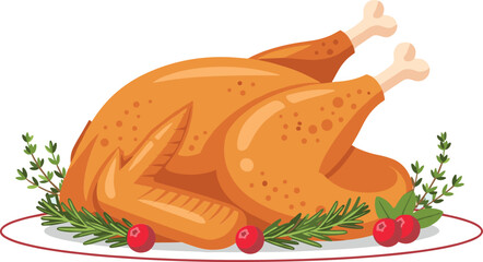 Roasted whole chicken illustration with herbs and garnish in detailed food vector style © MDNUR