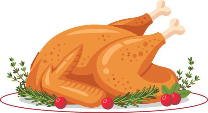 Roasted whole chicken illustration with herbs and garnish in detailed food vector style