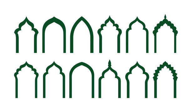 Islamic arch vector collection, 12 unique dark green mosque gate silhouettes, elegant Arabian window frames, traditional Middle Eastern architectural elements for design projects
