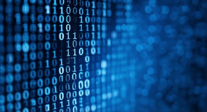 Abstract digital stream of glowing binary code in deep blue tones, representing data and technology.