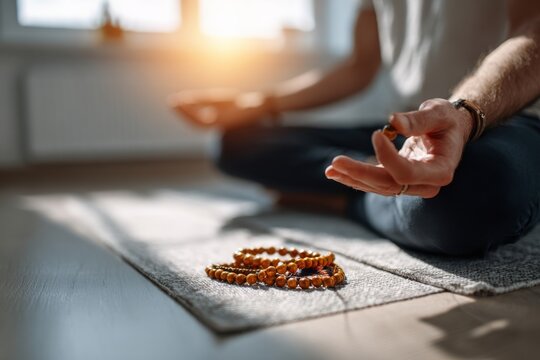 A man meditates peacefully indoors on a mat at sunrise, with a mala bead