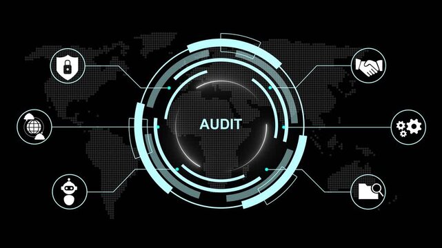 Detailed circular digital interface with gears and illustrating audit processes and financial oversight on a dark blue background