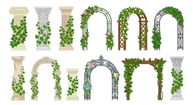 Collection of ornate garden arches and classical architectural columns