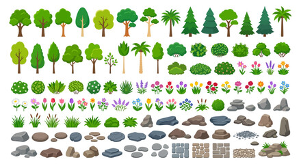 Collection of colorful cartoon trees bushes flowers grass and rocks © Sumon