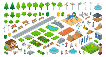 Fototapeta premium Isometric park elements collection playgrounds furniture and recreational objects