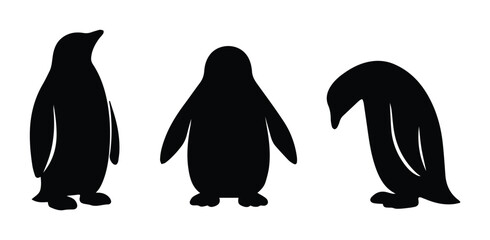 Minimalist black penguin silhouettes, a set of three distinct vector illustrations, perfect for arctic animal branding, winter themes, or educational graphics. © Haseeb's Work