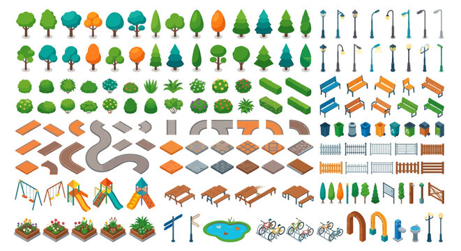 Collection of colorful park and city elements in a cartoon style