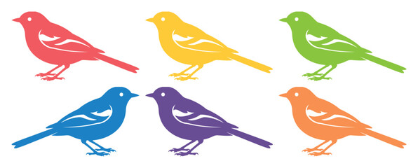 Obraz premium Colorful Bird Silhouettes, a vibrant vector collection of six stylized birds in red, yellow, green, blue, purple, and orange hues, ideal for nature-themed designs and spring projects