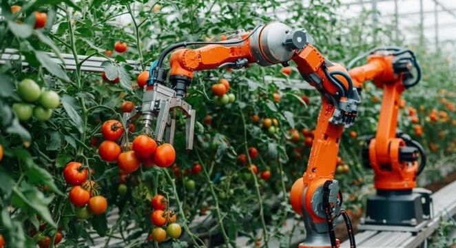 Automated robotic arm harvesting ripe tomatoes in a modern greenhouse.