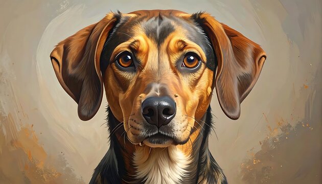 A close-up portrait shows a dog with brown and black fur, attentive eyes, and droopy ears against a beige backdrop