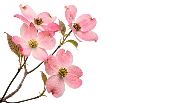 Pink dogwood flowers bloom on a branch during spring season in a garden setting with bright white background