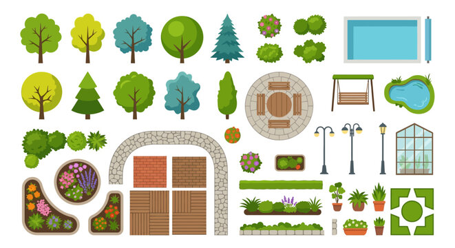 Top down view of colorful trees garden elements and a swimming pool