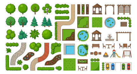 Collection of colorful top down illustrated park and garden elements © SHANTI
