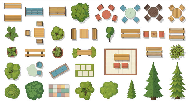 Aerial view of park furniture and landscaping elements top down illustration