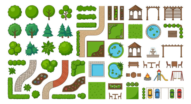 Collection of colorful top down illustrated park and garden elements
