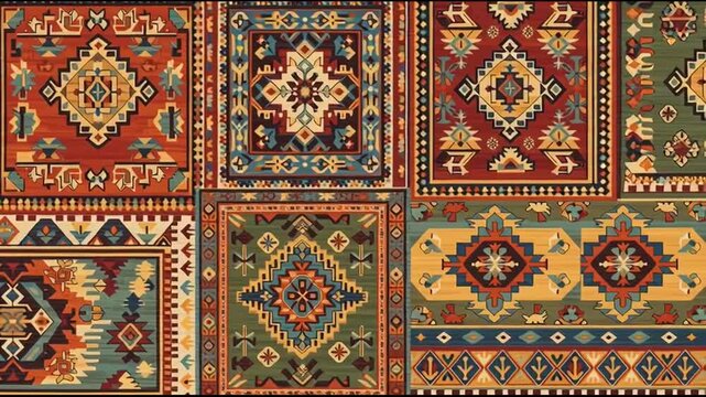 Colorful geometric patterned rug designs.