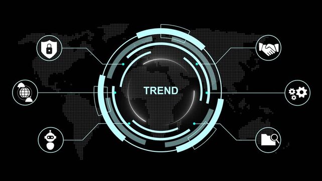 Central circular hub labeled Trend connected by lines to surrounding hexagonal representing data analysis security and teamwork
