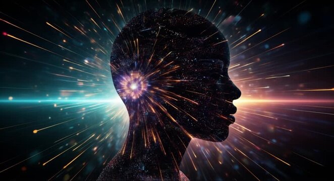 Abstract profile of a person's head illuminated by cosmic energy and light bursts, symbolizing imagination and innovation.