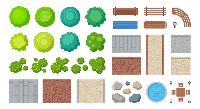 Aerial view of park elements trees benches and paving stones