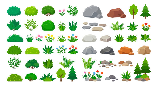 Collection of colorful cartoon plants flowers rocks and trees