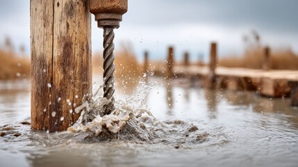 Fototapeta premium Large Wooden Posts Driven into Soft Marshland with Hammering Drill Tool