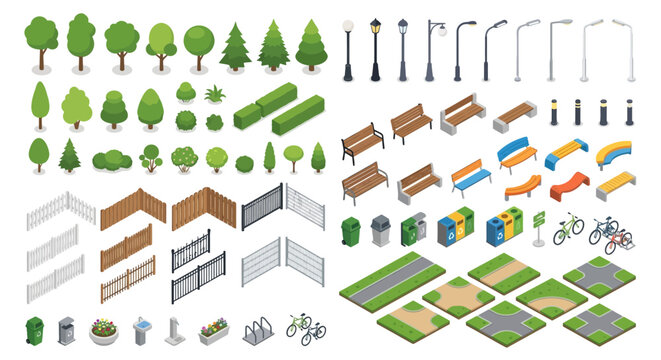 Isometric park and city elements collection with trees benches and street furniture