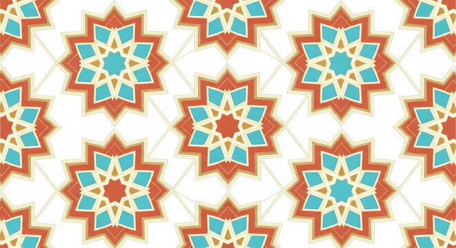 a vibrant Islamic geometric pattern, characterized by its mathematical precision and radial symmetry. It features interconnected ten-pointed stars in shades of terracotta and turquoise.