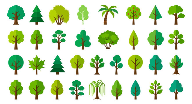 Collection of various stylized trees and foliage in a flat design