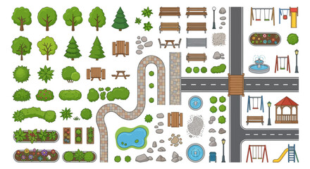 A colorful top down illustration of park elements and city infrastructure © PROMA