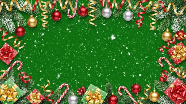 Animated christmas border frame with falling snowflakes on green screen for holiday promotion video