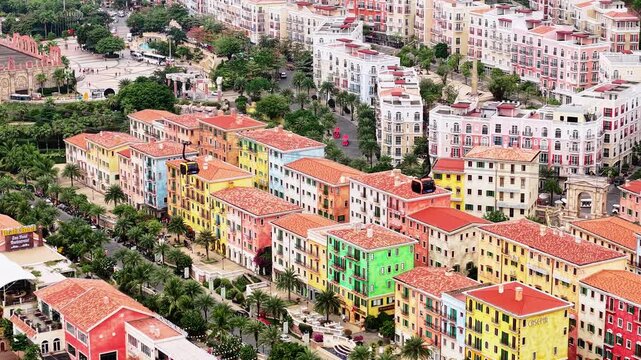 Phu Quoc Island, Vietnam. Drone Shot of Cable Car and Colorful Buildings in Sunset Town, Tourist Attraction