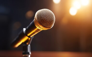 Obraz premium Vintage Microphone on Stand in Dim Rehearsal Space with Soft Lighting Effects