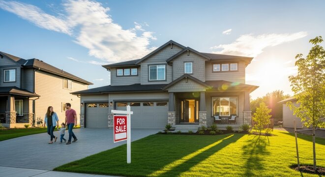 Family walking past a house for sale with a lush green lawn and sunny skies