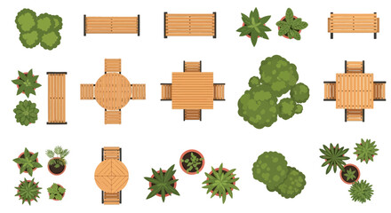 Aerial view of park elements including trees benches and tables © PROMA