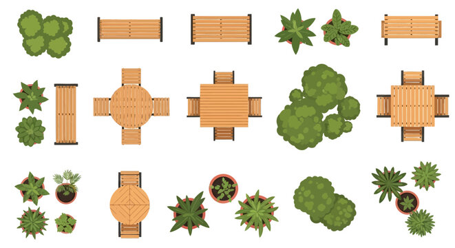Aerial view of park elements including trees benches and tables