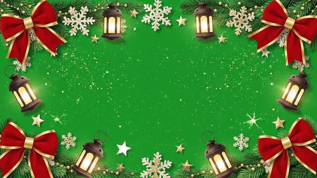 Animated christmas holiday green screen frame border with festive decorations and seamless looping motion graphics ideal for seasonal promotions.