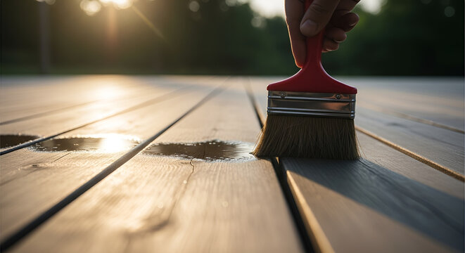 Hand painting wooden deck with brush at sunset - home improvement and DIY project
