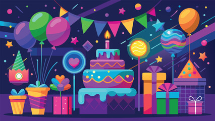 Fototapeta premium Colorful party setup features cake, balloons, gifts, and decorations for a festive celebration in a lively atmosphere