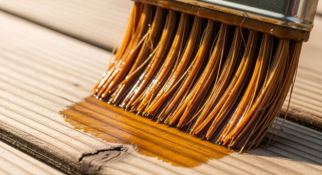 Paintbrush applying wood stain to wooden decking planks-home improvement and protection