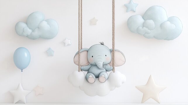 Cute illustration of a blue elephant sitting on a cloud swing surrounded by stars and balloons in a soft pastel nursery setting