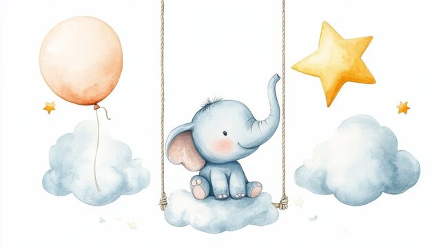 Cute watercolor illustration of a blue elephant sitting on a cloud, swinging with a balloon and star in a whimsical sky setting