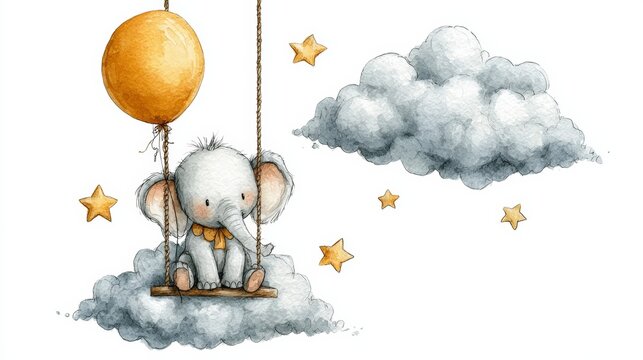 Cute elephant illustration sitting on a swing made of clouds, holding a yellow balloon with stars and fluffy clouds in the background