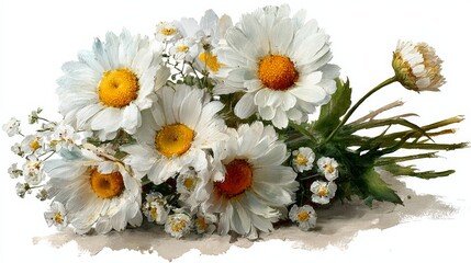 Fototapeta premium Bouquet of white daisies and small white flowers arranged artistically on a light background, showcasing vibrant yellow centers and delicate green leaves