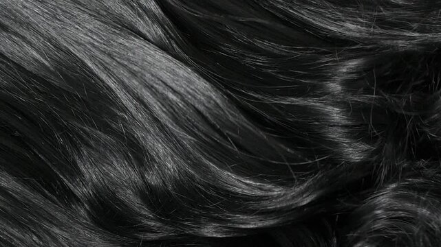 Closeup beautiful female black long curly hair texture background in slow motion