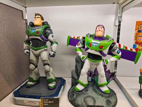 Taiwan, Taipei City, March 29, 2026: Detailed Buzz Lightyear action figure from Pixar movie standing in iconic space ranger suit.