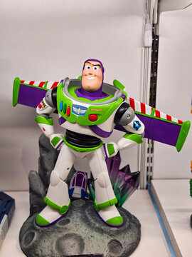 Taiwan, Taipei City, March 29, 2026: Detailed Buzz Lightyear action figure from Pixar movie standing in iconic space ranger suit.