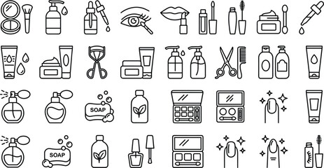 Naklejka premium Spa and Beauty Line Icon Set Featuring Skincare, Wellness, Massage, Cosmetic Treatment, Hygiene, and Self Care Symbols for Health and Salon Designs